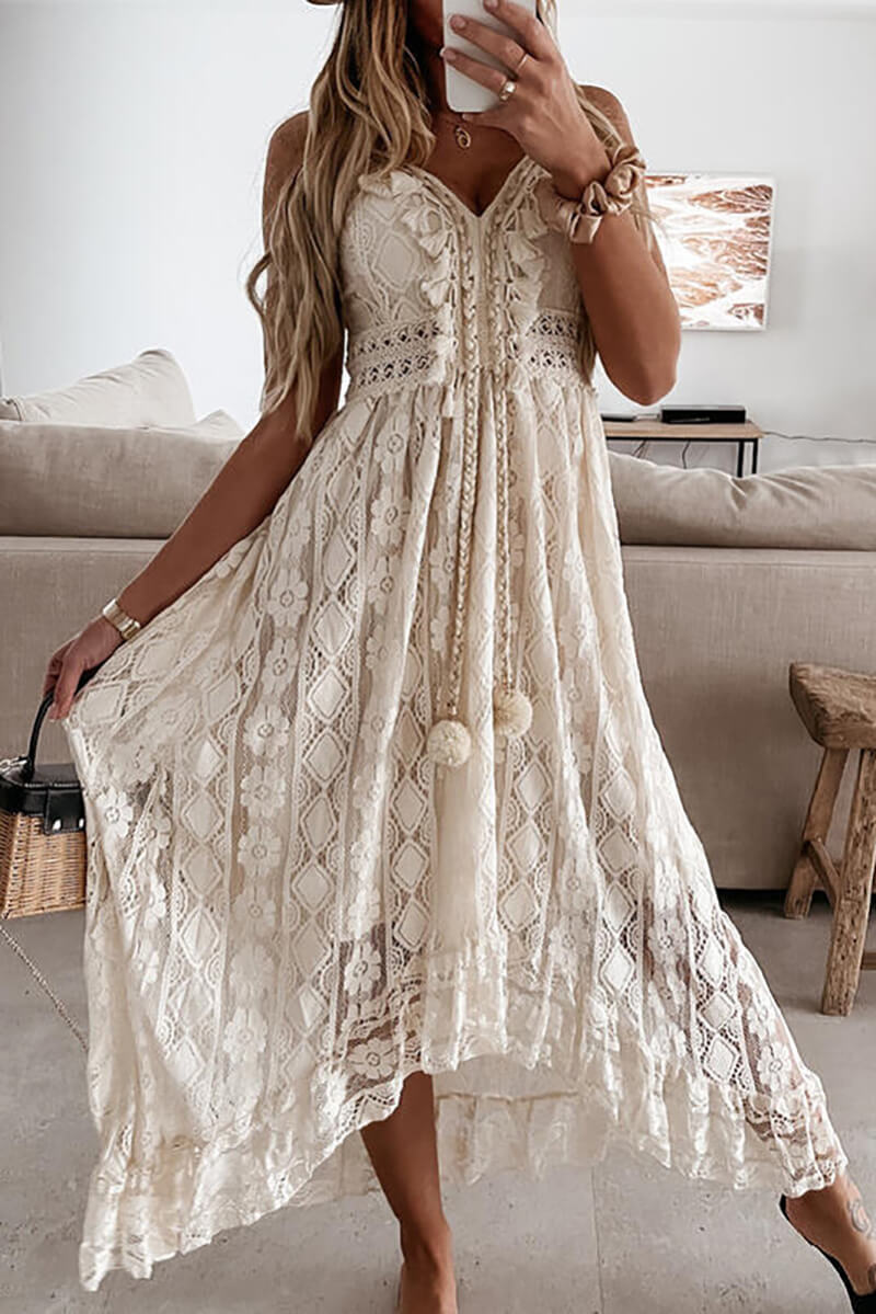 Mandy® | Lace And Ruffle Mullet Midi Dress