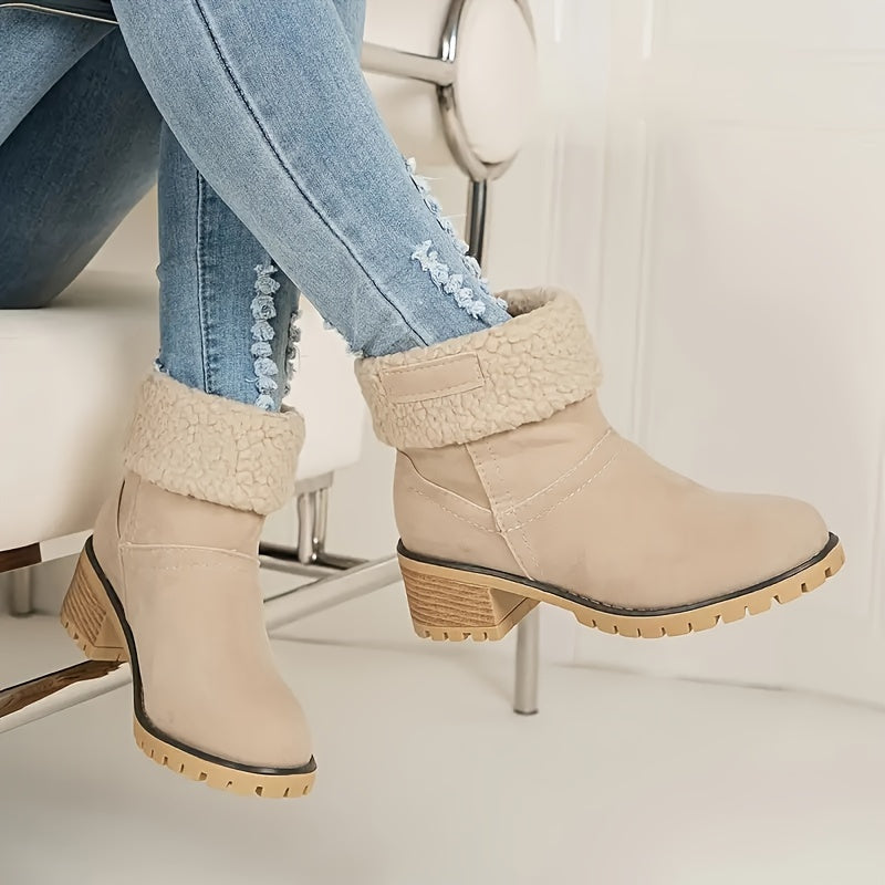 Cecilia | Solid color, plush-lined ankle boots with a thick heel