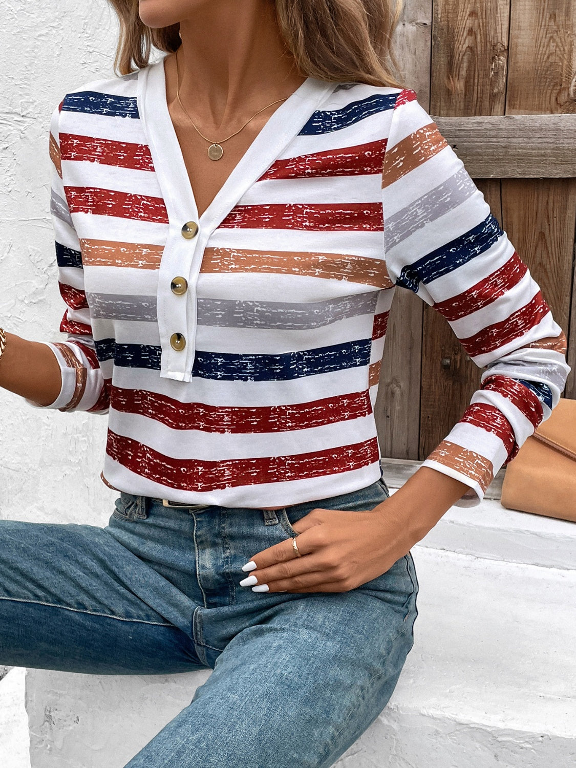 Luna | Contrast striped long sleeve t-shirt with V-neck