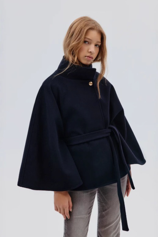 Solid Waist Tie Elegant Chic Wool Cape Coat