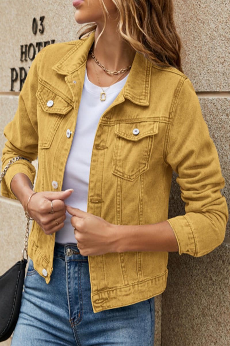Jesica | Street-chic, solid color, long-sleeved denim jacket with turn-down collar and regular pocket