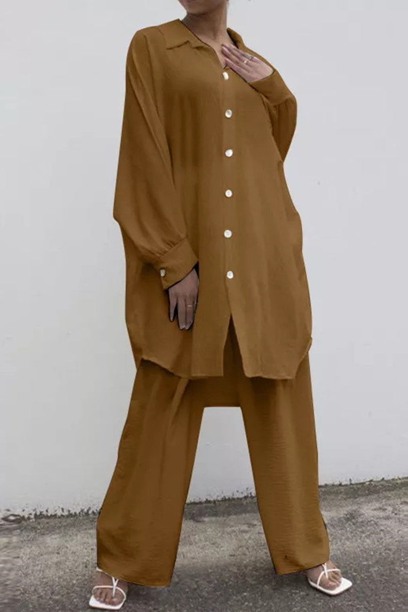 Lina | Casual two-piece suit with a fixed buckle turn-down collar and long sleeves