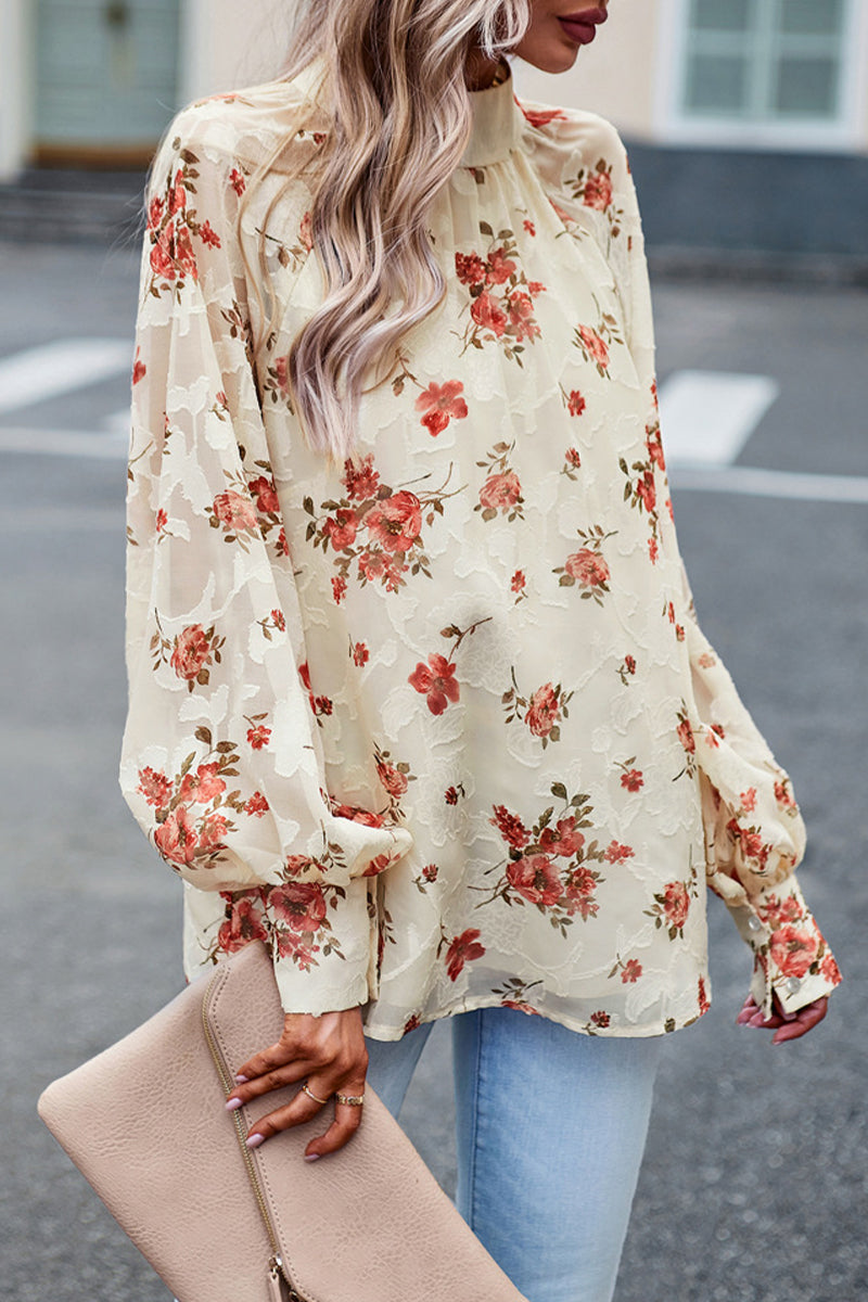 Brina® | Elegant Floral High Neck Long Sleeve Blouse