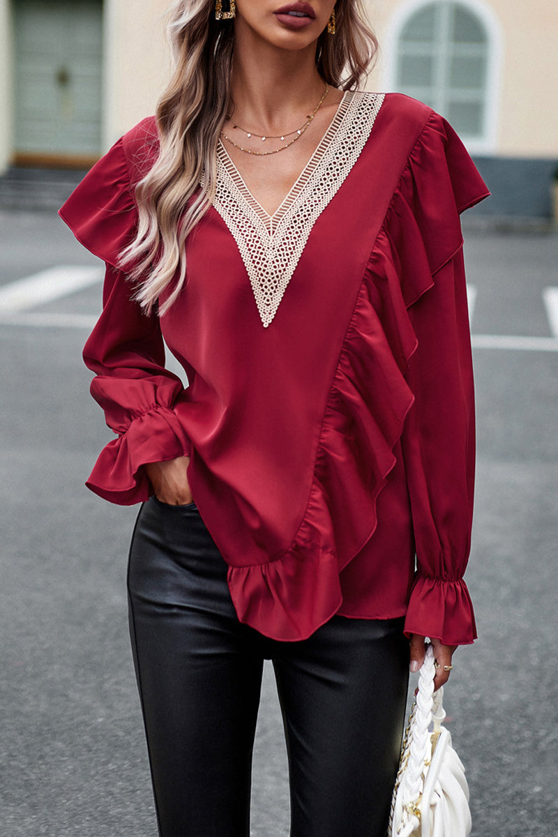 Gia® | Elegant Loose V-Neck Long Sleeve Ruffle Blouse