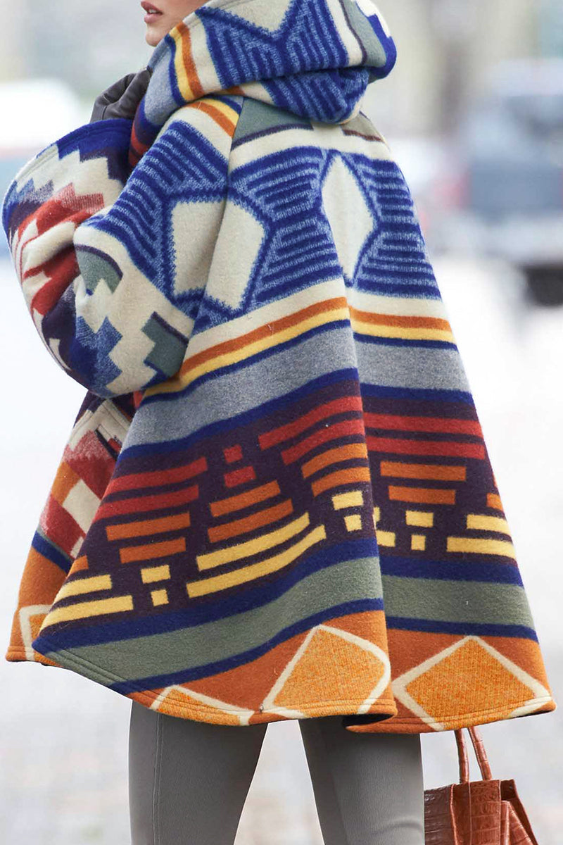 Lucía | Elegant outerwear with a geometric print and a patchwork hooded collar