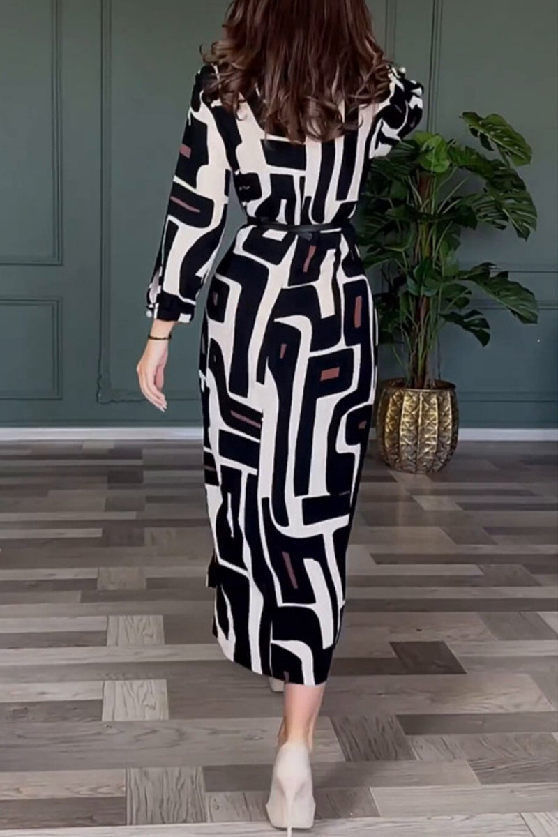 Alida | Vintage geometric print dress with slit and belt, O-neck, single tier skirt