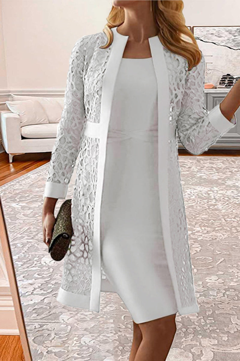 Amelie | Elegant, long-sleeved two-piece suit made from solid, hollowed-out lace