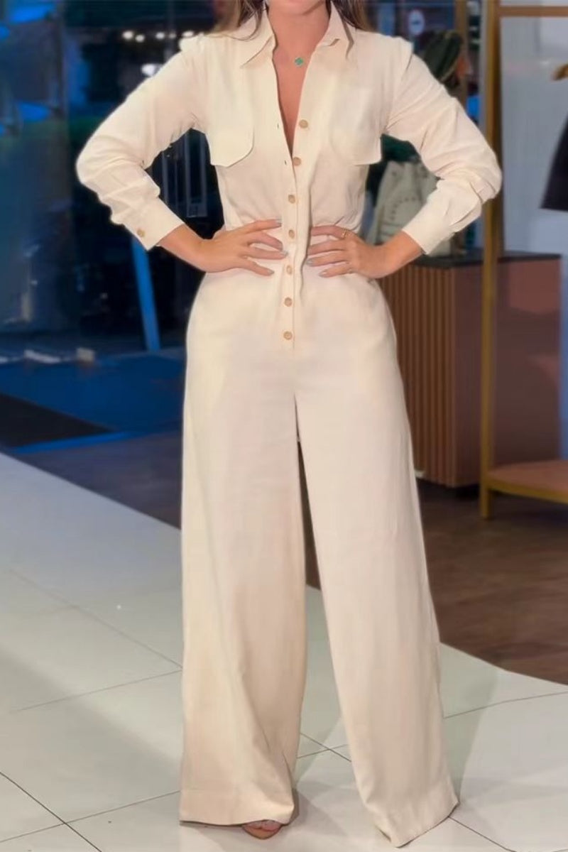 Annemarie | Casual solid color regular jumpsuits with turn-down collar and pockets