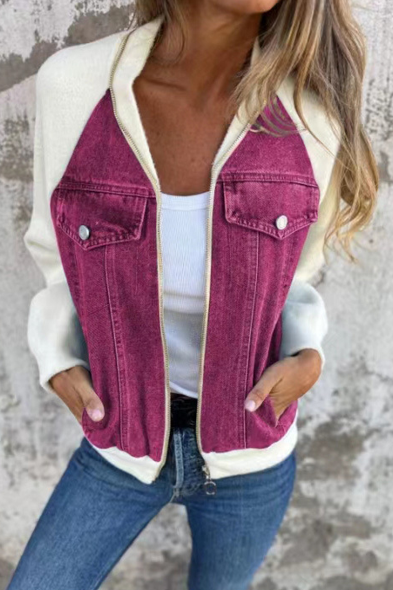 Begoña | Casual outerwear with a solid color patchwork zipper and contrast turn-down collar