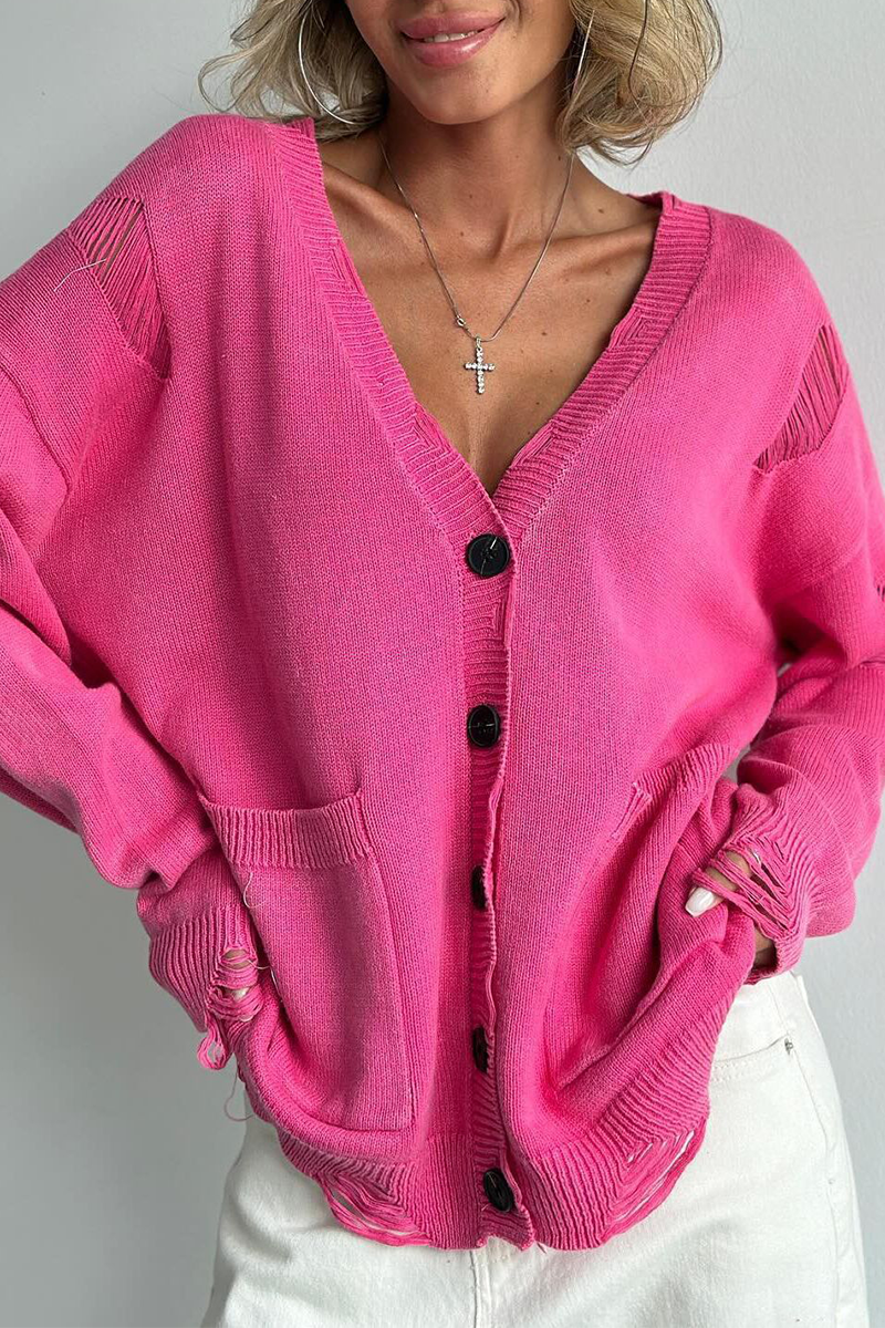 Britt | Casual everyday outerwear with solid color ripped pockets, buttons and V-neck