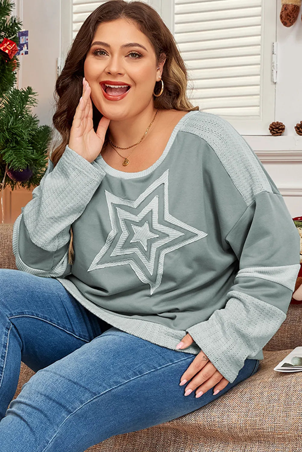Carolin | Plus size long sleeve star crew neck top