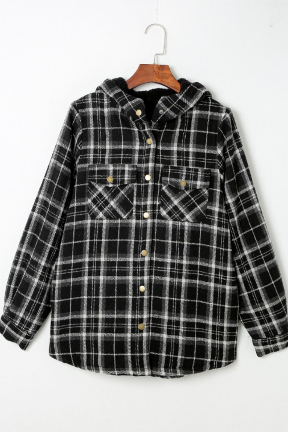 Brigida | Checked button down long sleeve hooded jacket