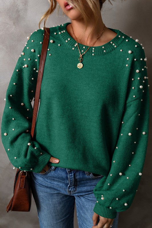 Carolina | Beaded sweater with dropped shoulder and crew neck