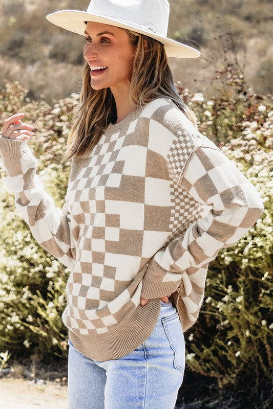 Ilona | Pullover with a checked print and dropped shoulders with a crew neck