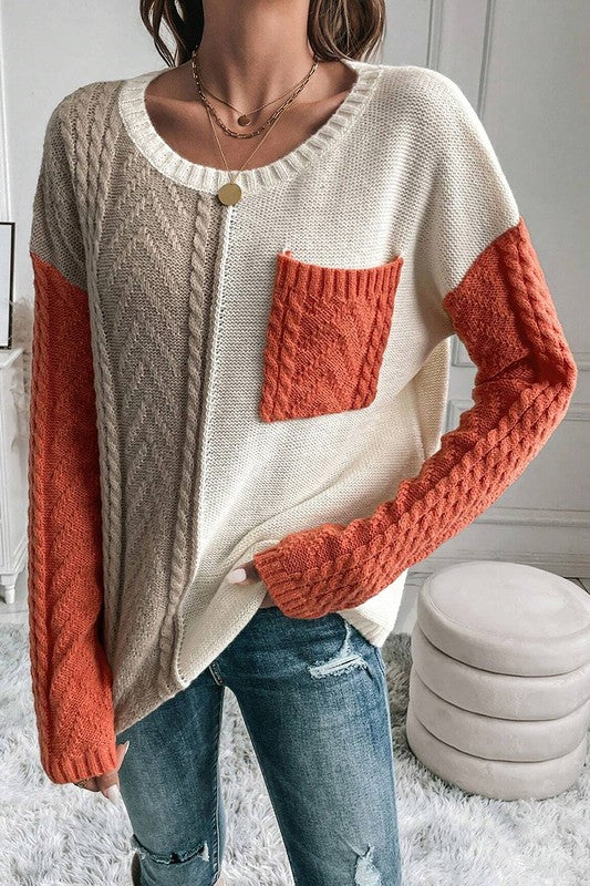 Antonia | Women's color block sweater with patch pockets on the shoulder