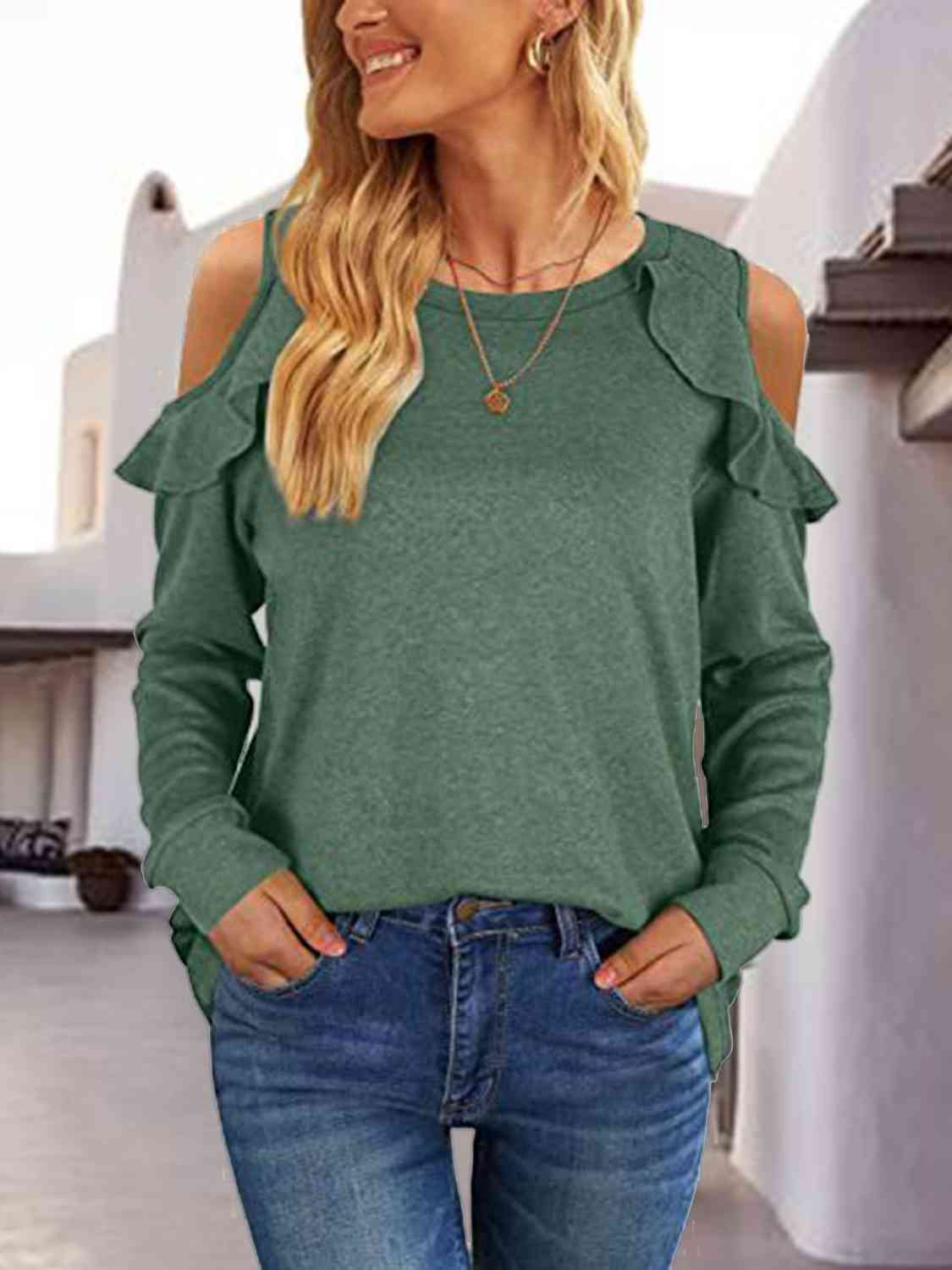 Brittany® | Casual Round Neck Ruffle Open Shoulder Long Sleeve Blouse