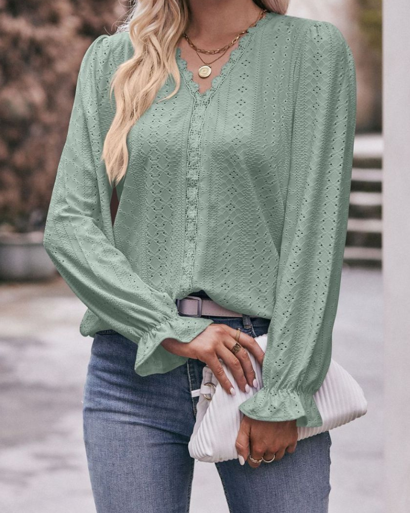 Alexa® | Elegant V-Neck Blouse With Ruffle Sleeves