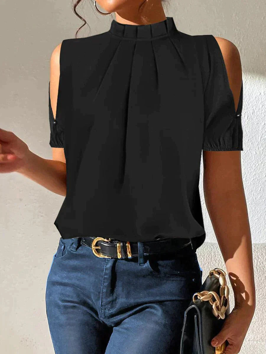Pia® | Black Pleated Top With Slit Sleeves