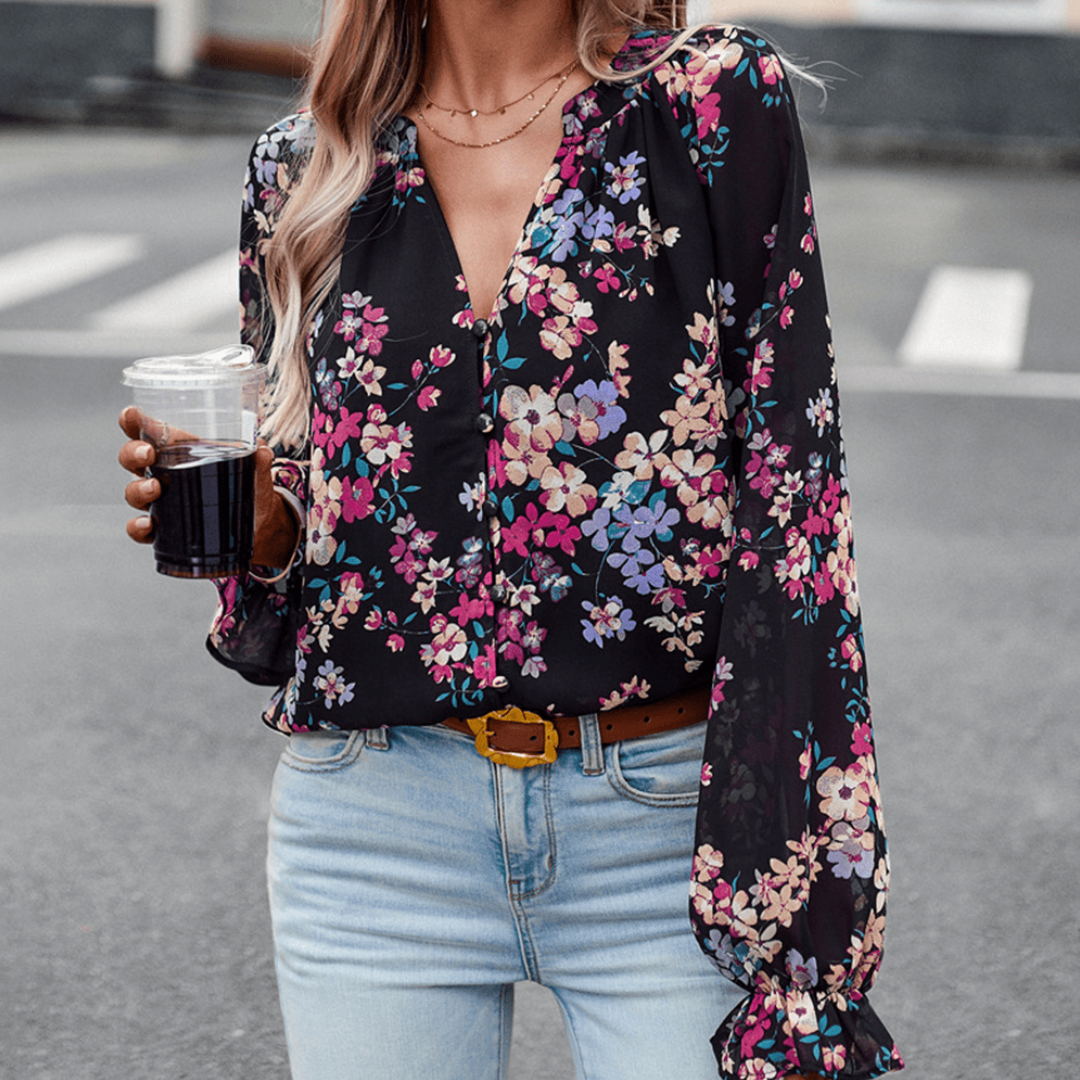 Lisa® | Elegant Floral Long-Sleeved V-Neck Blouse