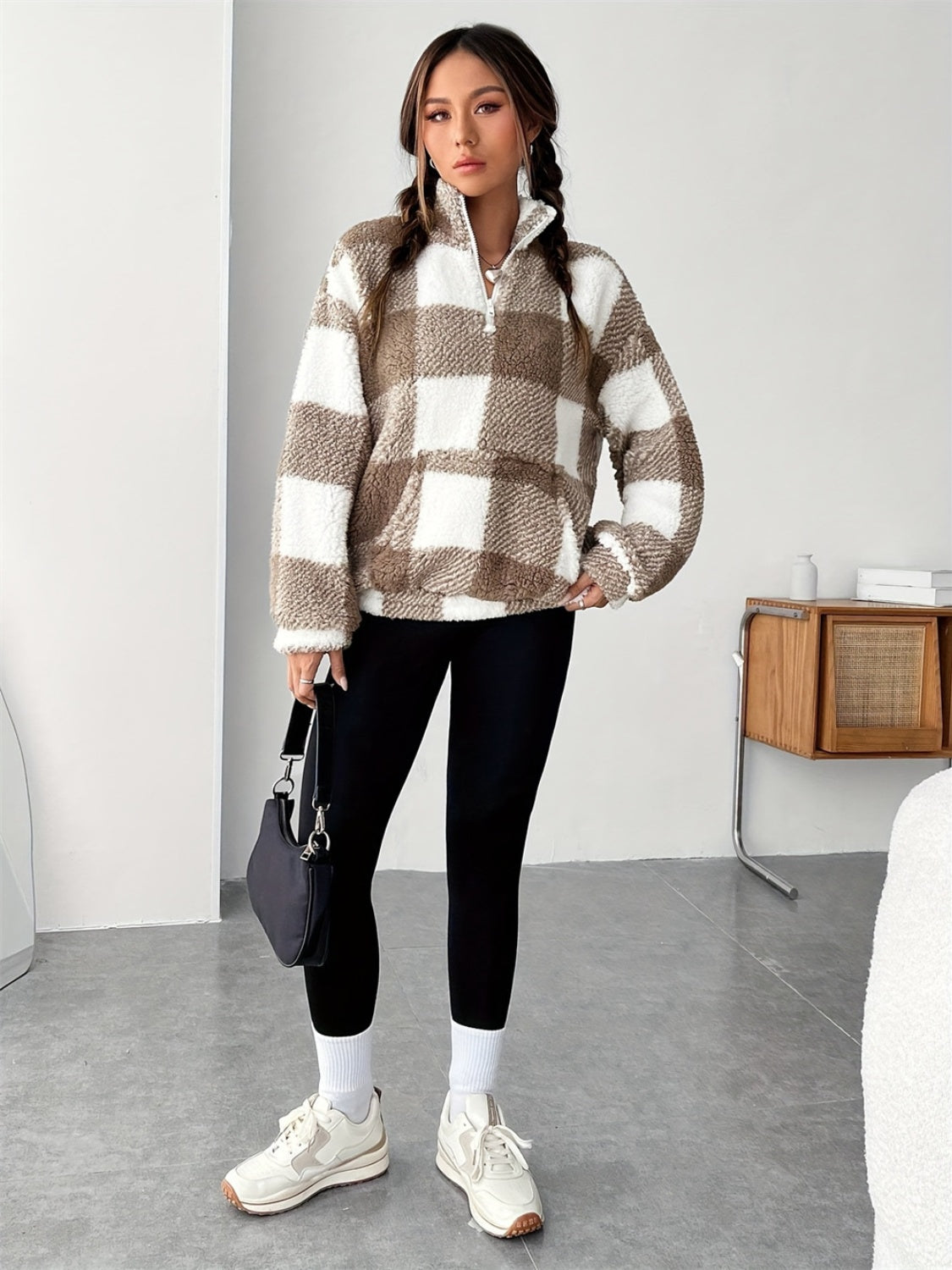 Brigitte | Checked half zip long sleeve teddy sweatshirt