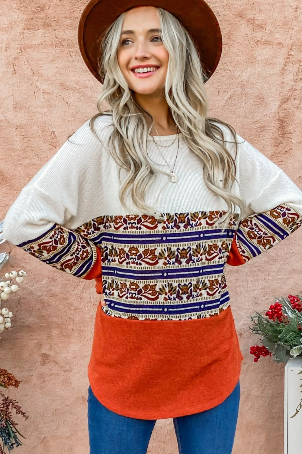 Amelia | And the “Why” top with ethnic print and color block design