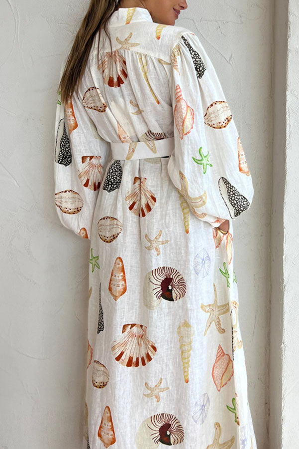 Swinton Marine Element Print Pocket Balloon Sleeve Belted Maxi Dress