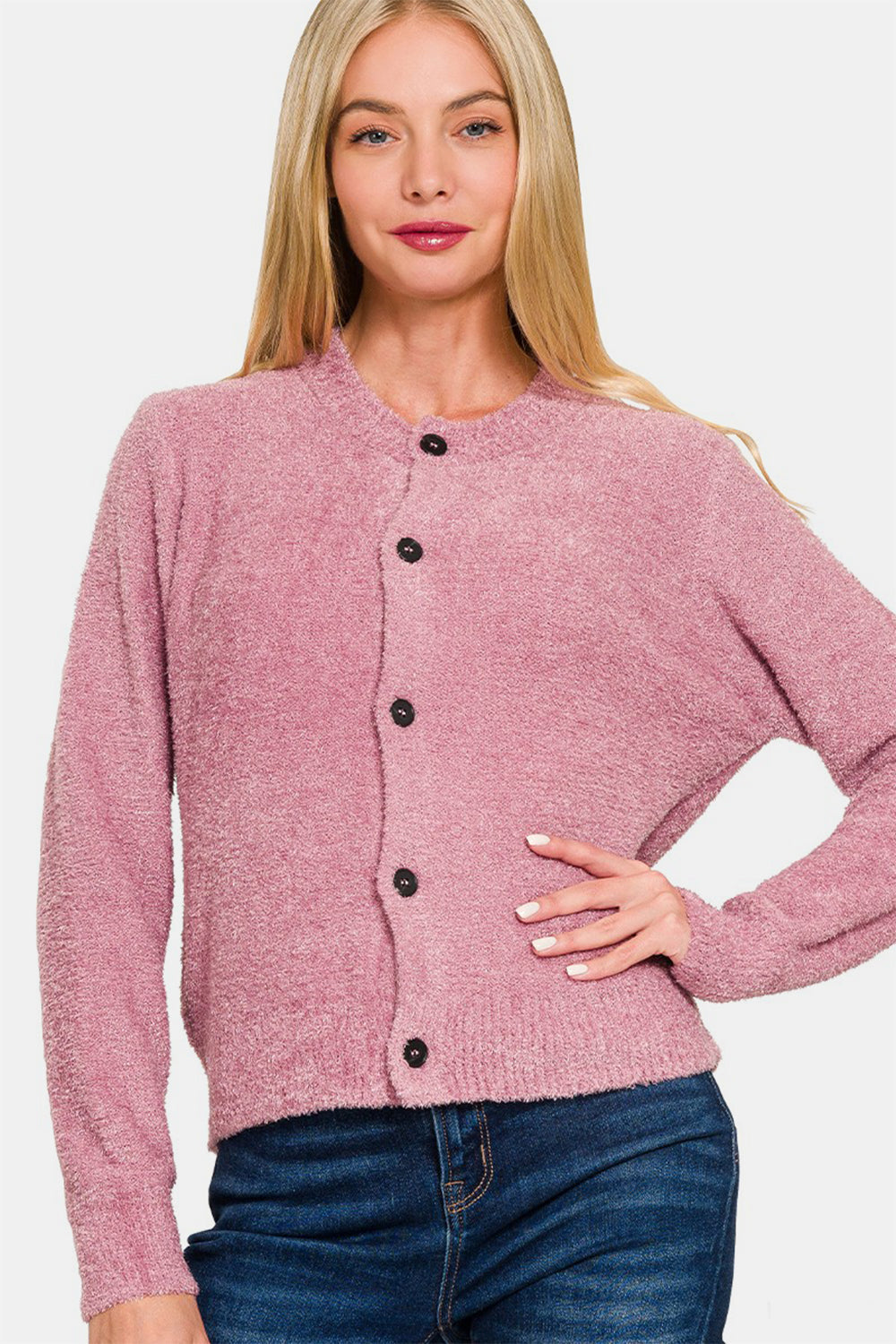 Angela | Long sleeve pullover cardigan with button placket