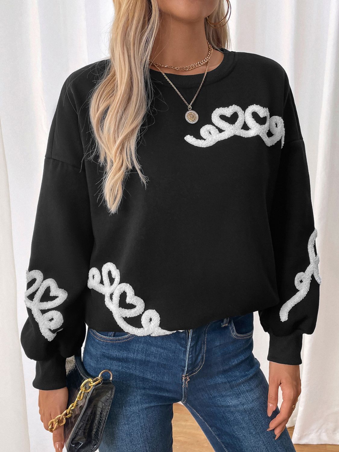 Carla | Perfee Heart crew neck long sleeve sweater