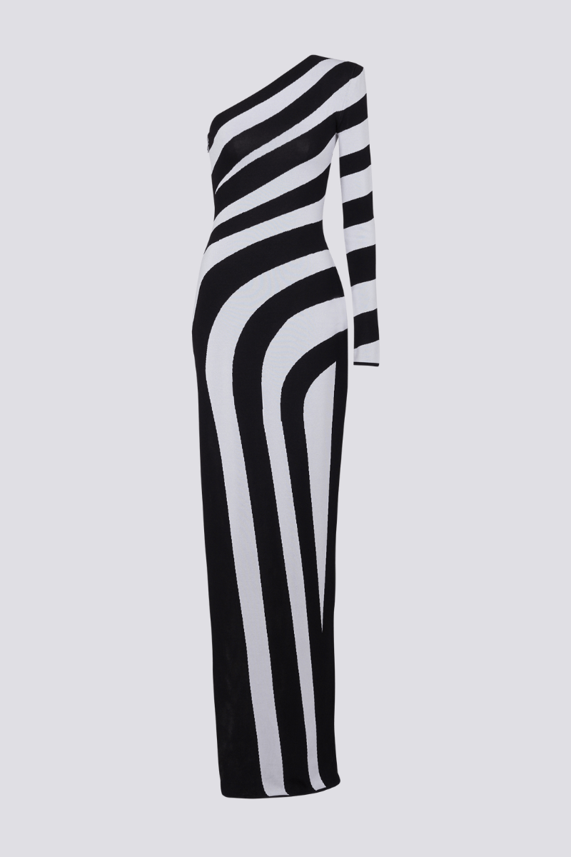 Alicia® | One-Shoulder Slit, Asymmetric Striped Maxi Dress