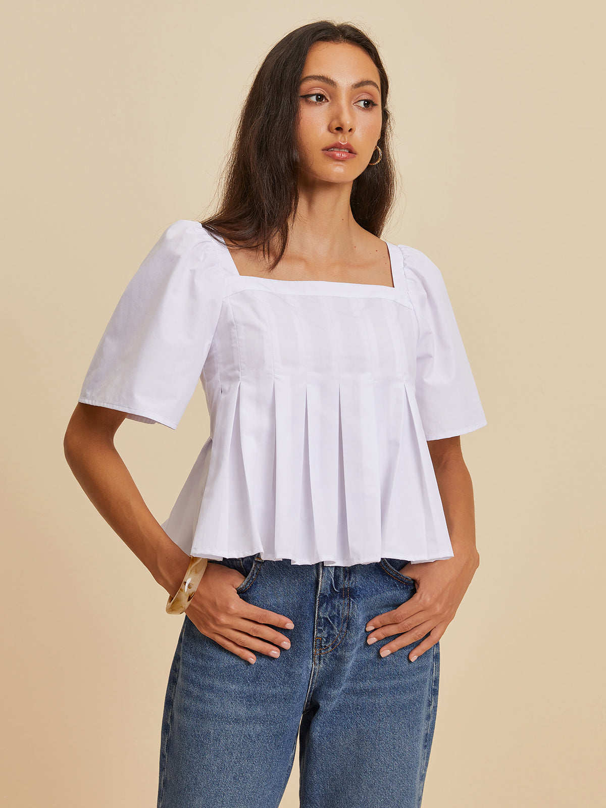 Ananda® | Pleated Blouse With A Round Neckline