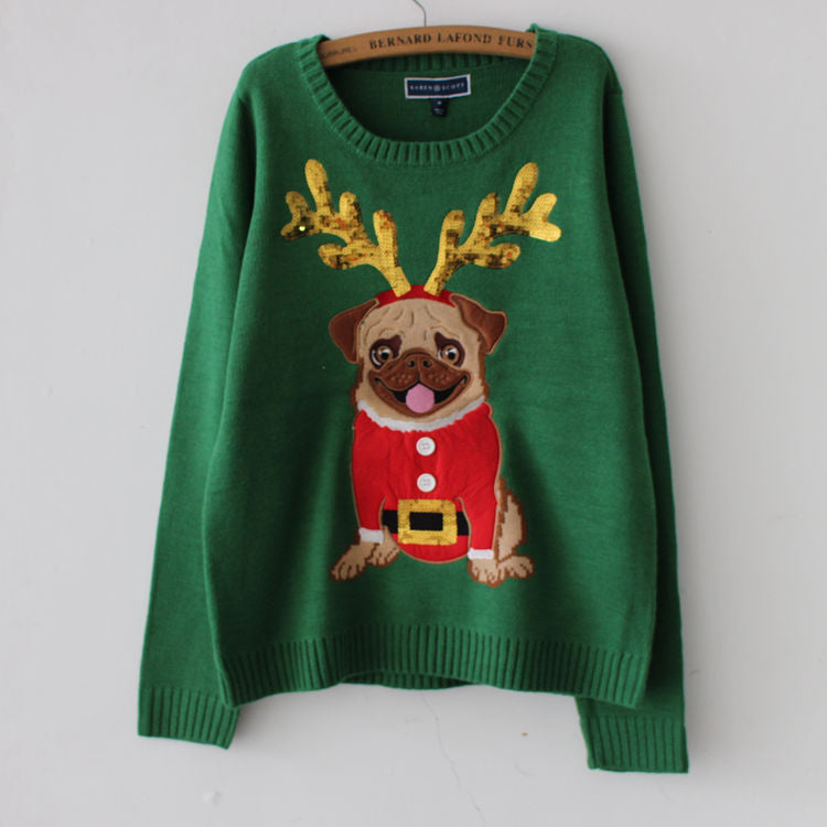Karla | Warm Christmas Pug Dog Embroidered Sequin Knitted Sweater for Women