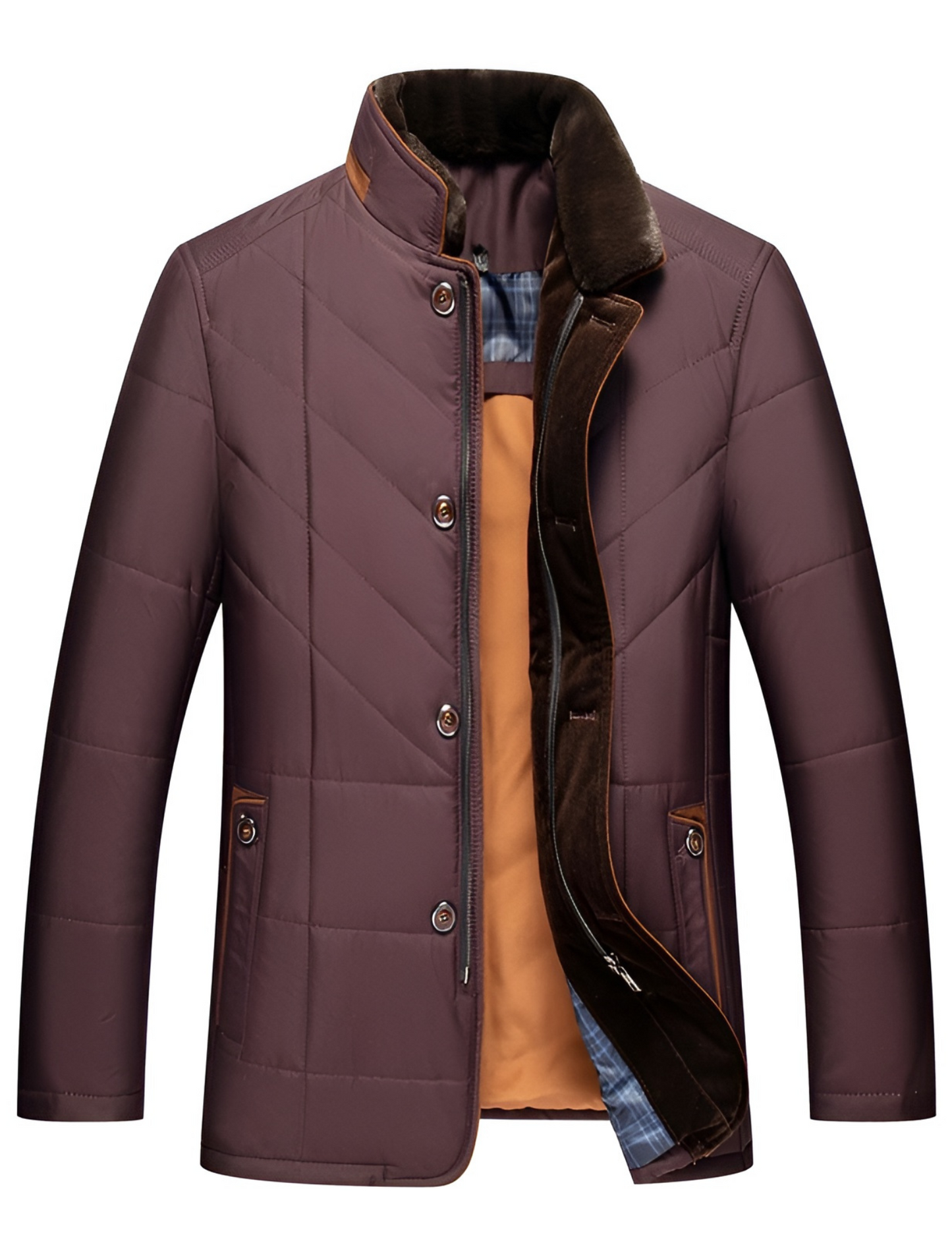 Men's Quilted Winter Jacket with Button and Zip Closure