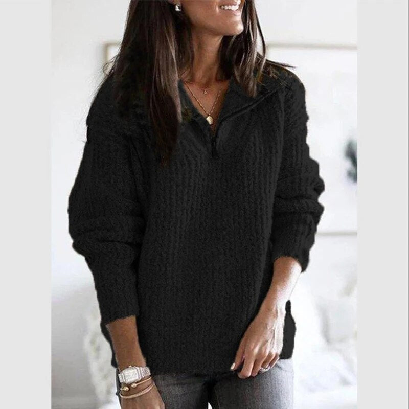 Ilona | Women's V-neck knitted sweater with zipper