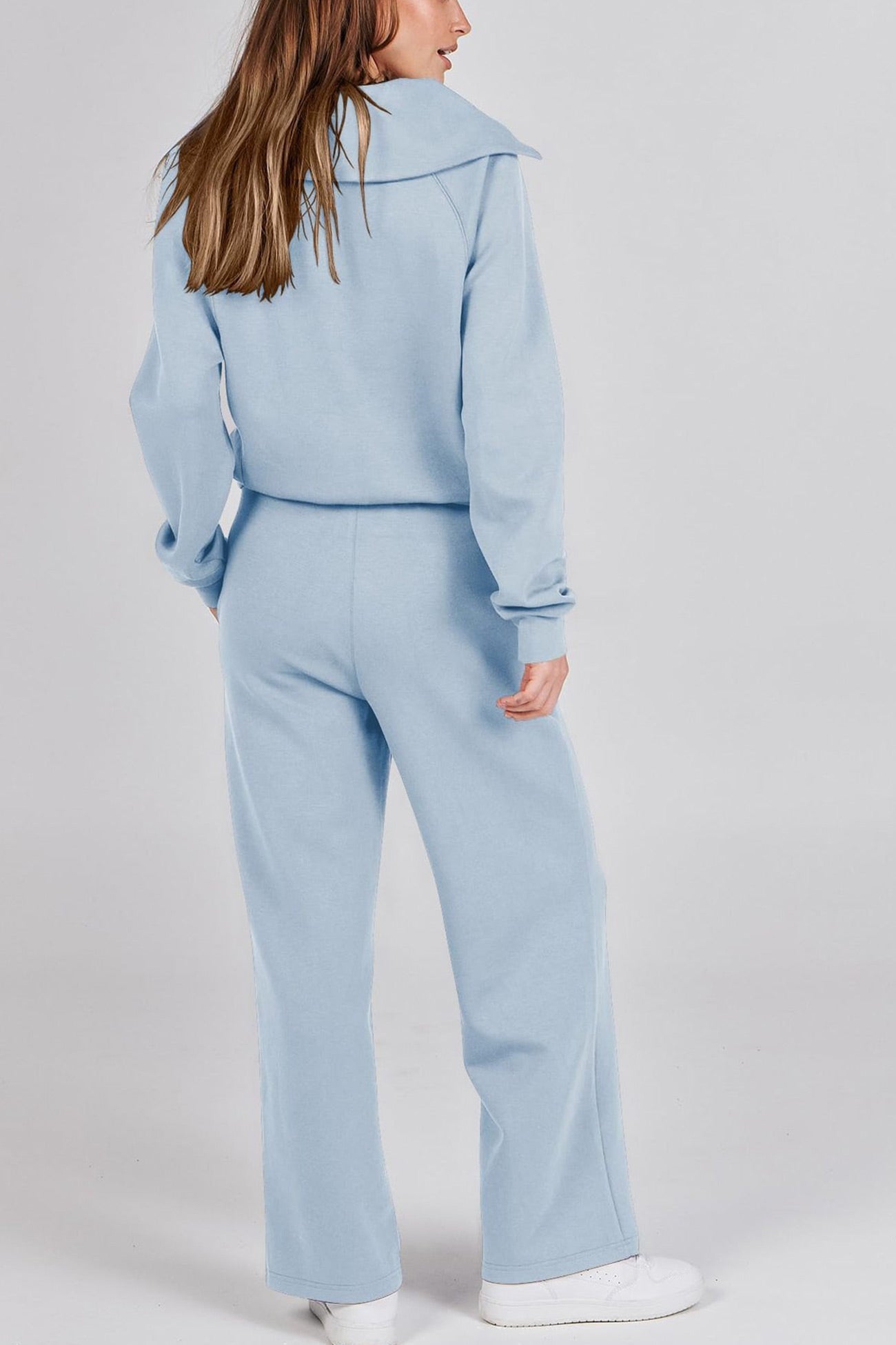 Doris | Wide leg long pants set with lapel zip sweatshirt