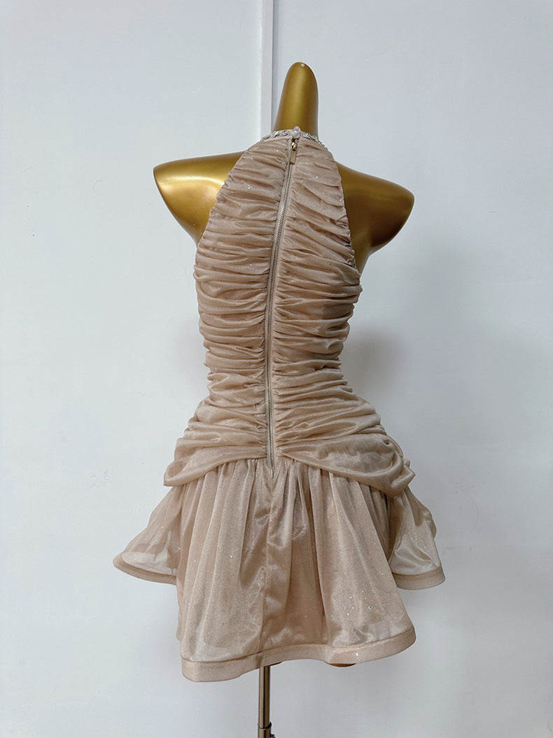 Waist-Length Rhinestone Halter Neck A-Line Dress