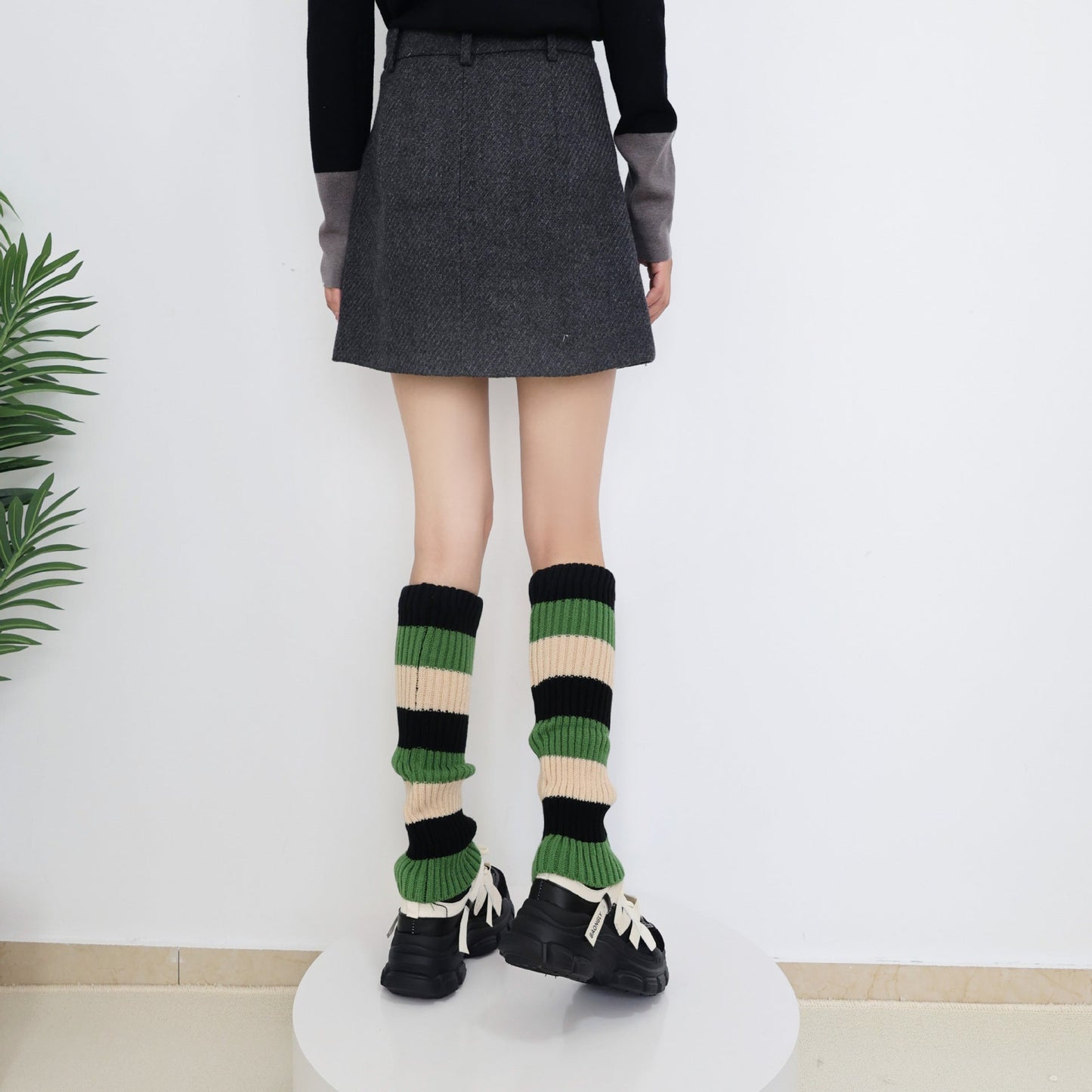 Knit Striped Color Block Slouchy Red Leg Warmers