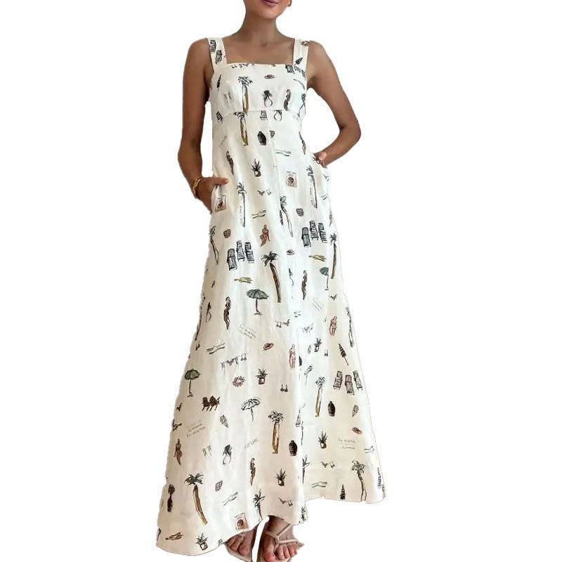 Sleeveless Tie-Strap Print Swing Dress
