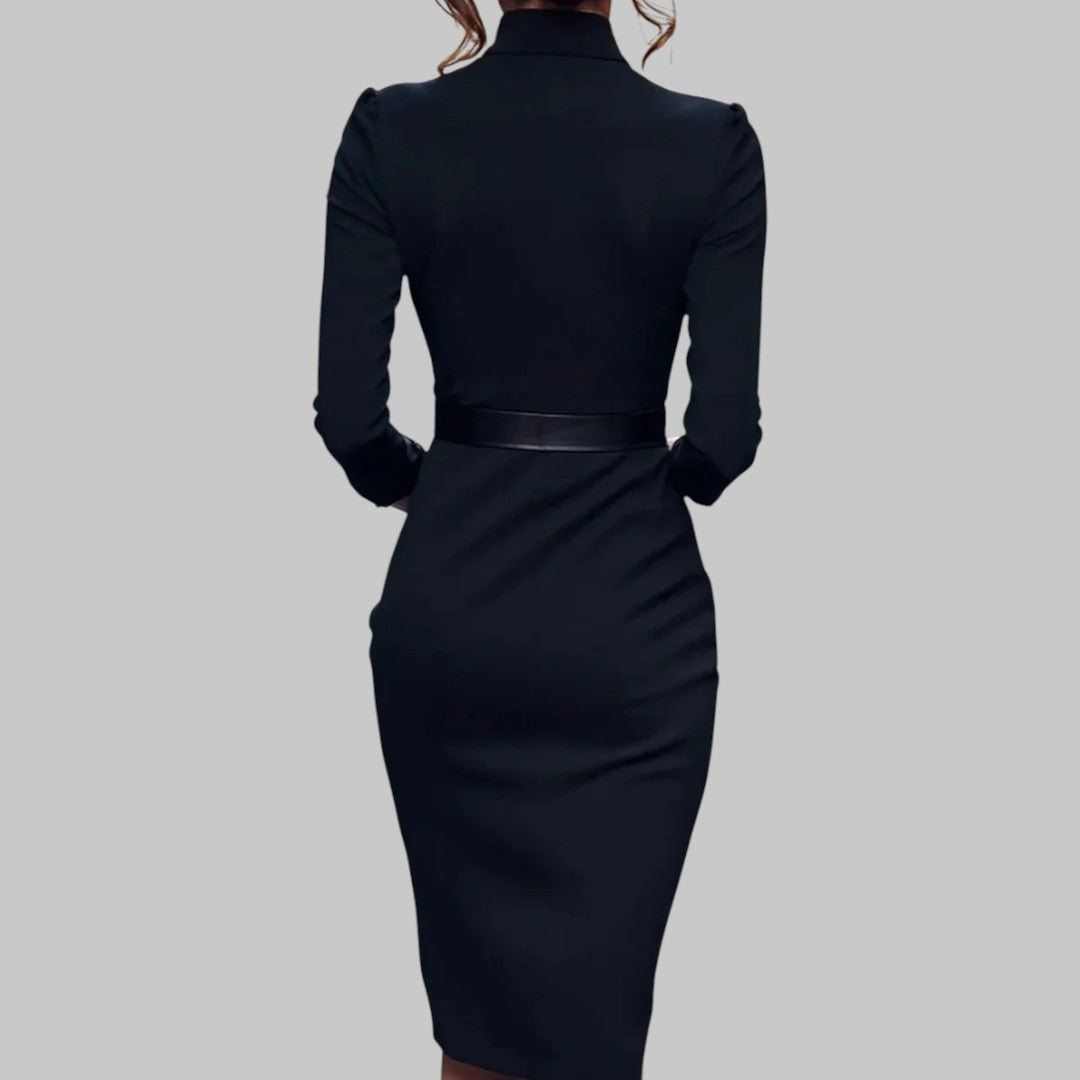 Amber | Women’s Long Sleeve Belted Sheath Midi Dress