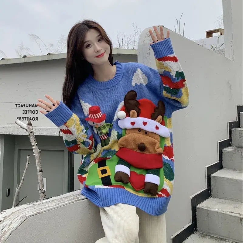 Lien | Women's oversized Christmas elk embossed knitted sweater with snowman crew neck