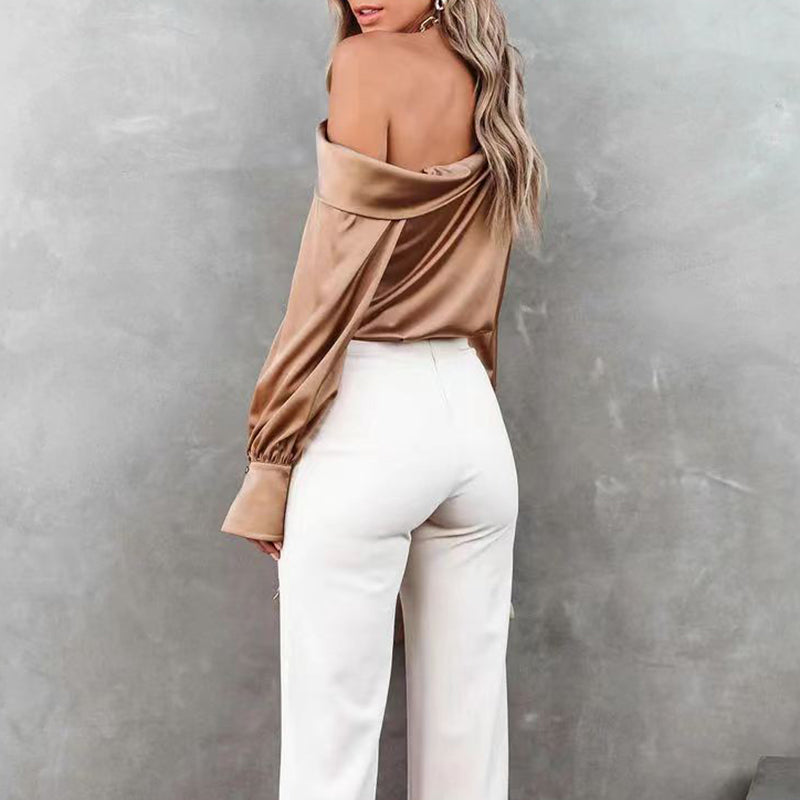 Ivana® | Beige One-Shoulder Satin Blouse
