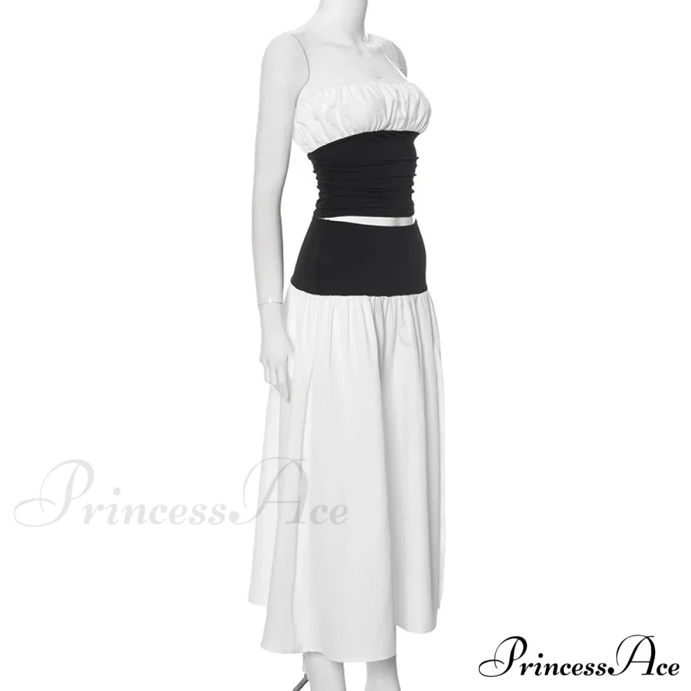Black and White Patchwork Tube Trendy Top And Slit Long Skirt Set