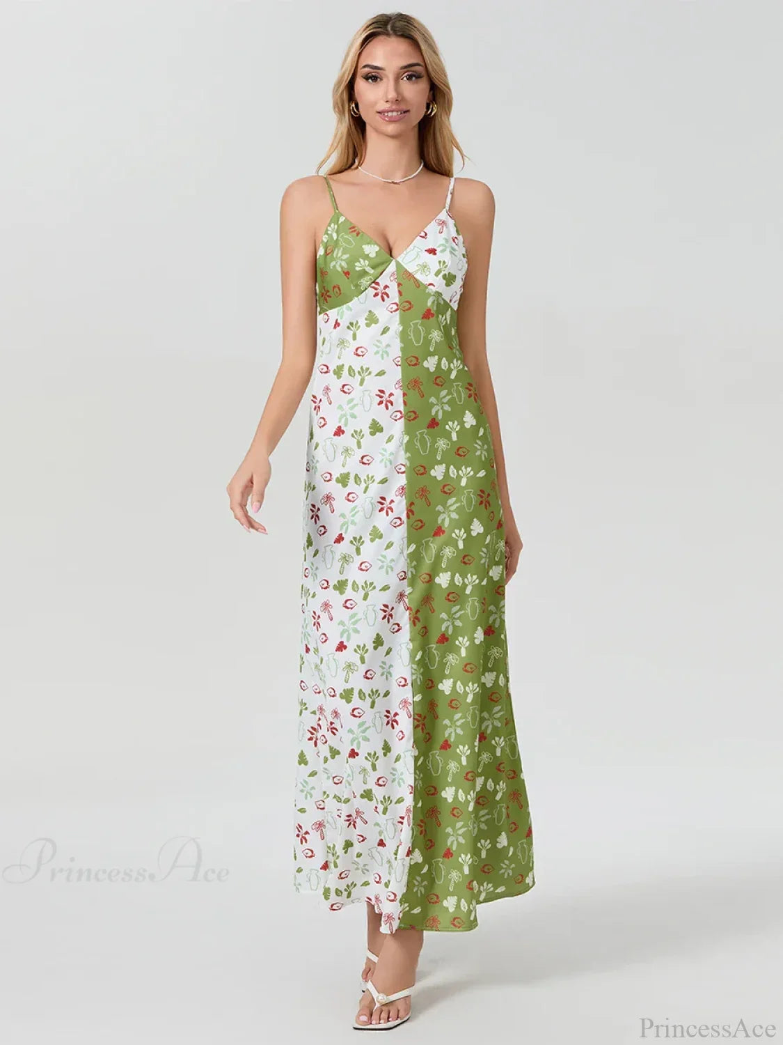 Contrast Color V-neck Spaghetti Strap Slip Floral Dress