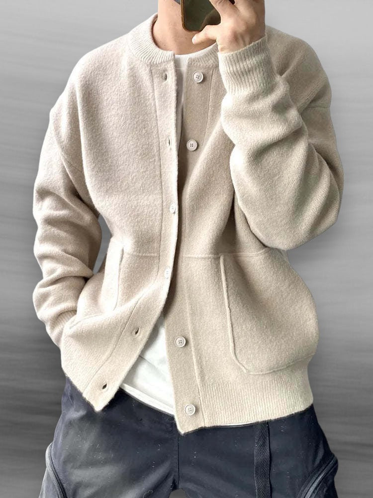 Men's Casual Button-Up Cardigan with Bomber Collar and Pockets