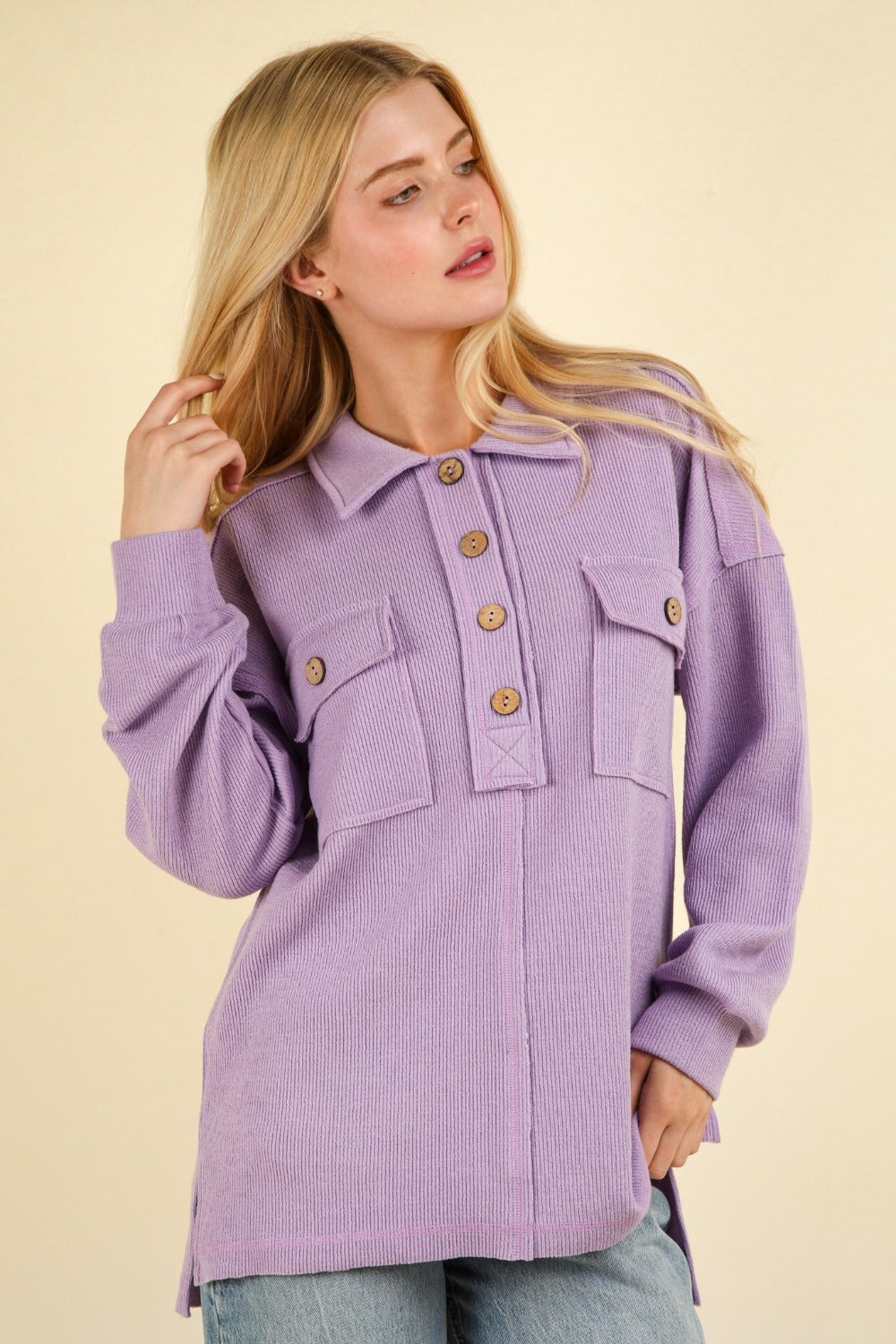 Amelia | Half button knit top with collar and pockets