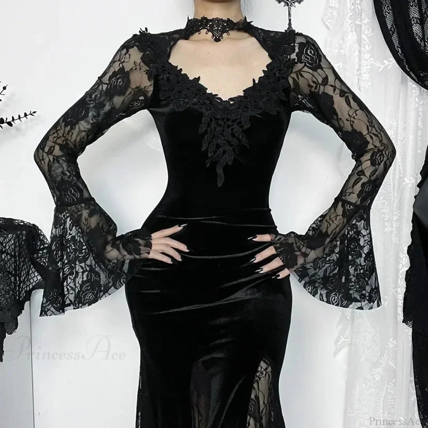 Dark Lace Trumpet Slim Midi Dress