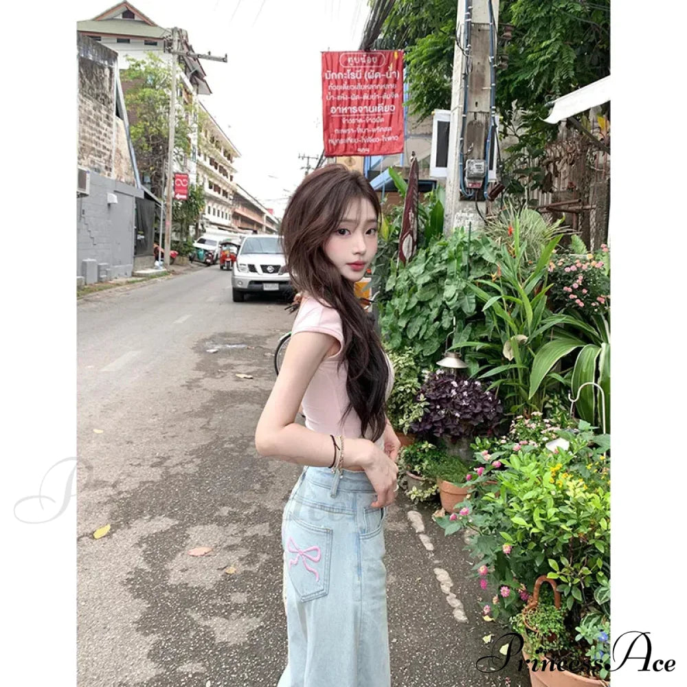 Denim Pink Pocket Charming Bow Embroidery Jeans