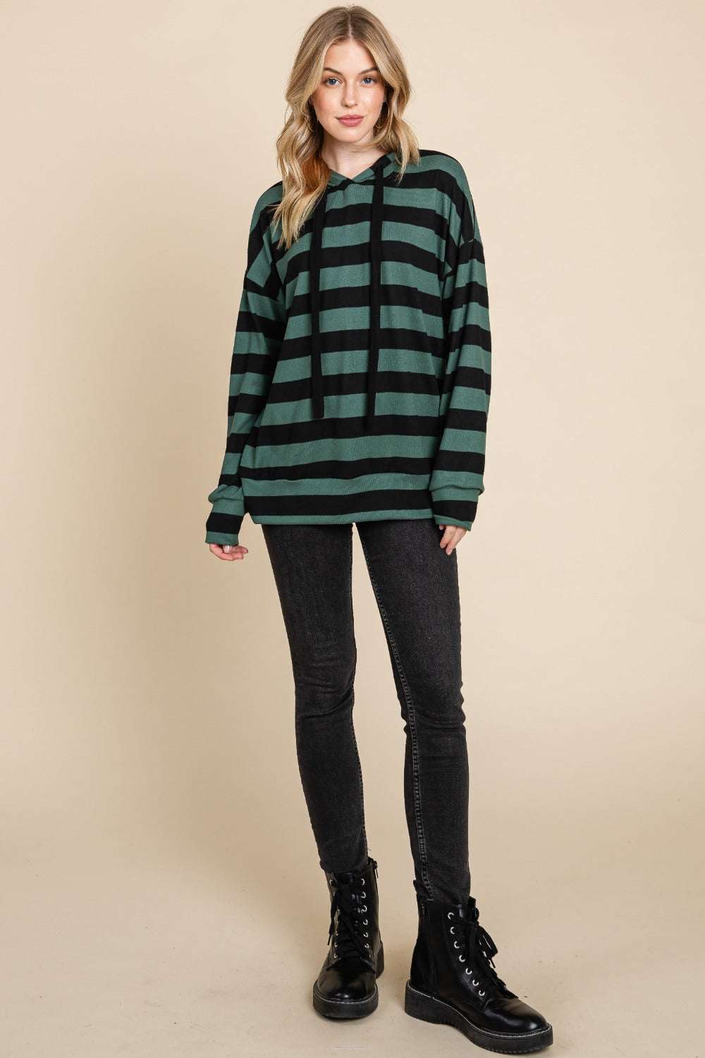 Antonella | BOMBOM drawstring hoodie with stripes and low shoulders
