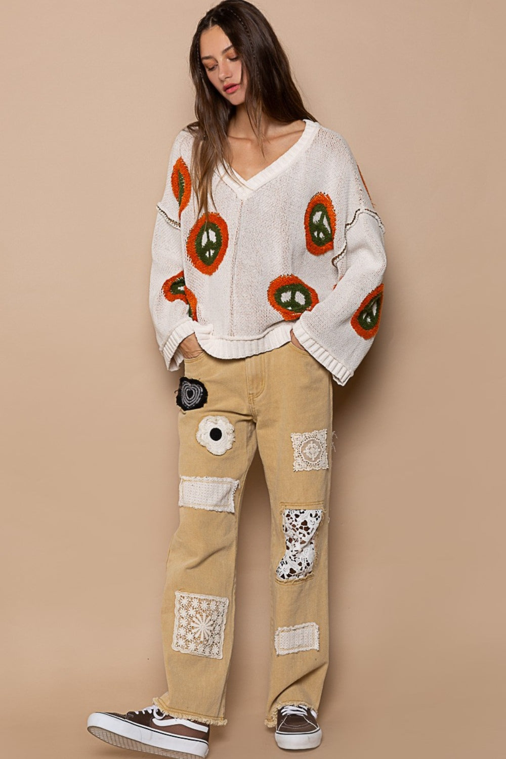 Anya | Long sleeve peace print V-neck sweater