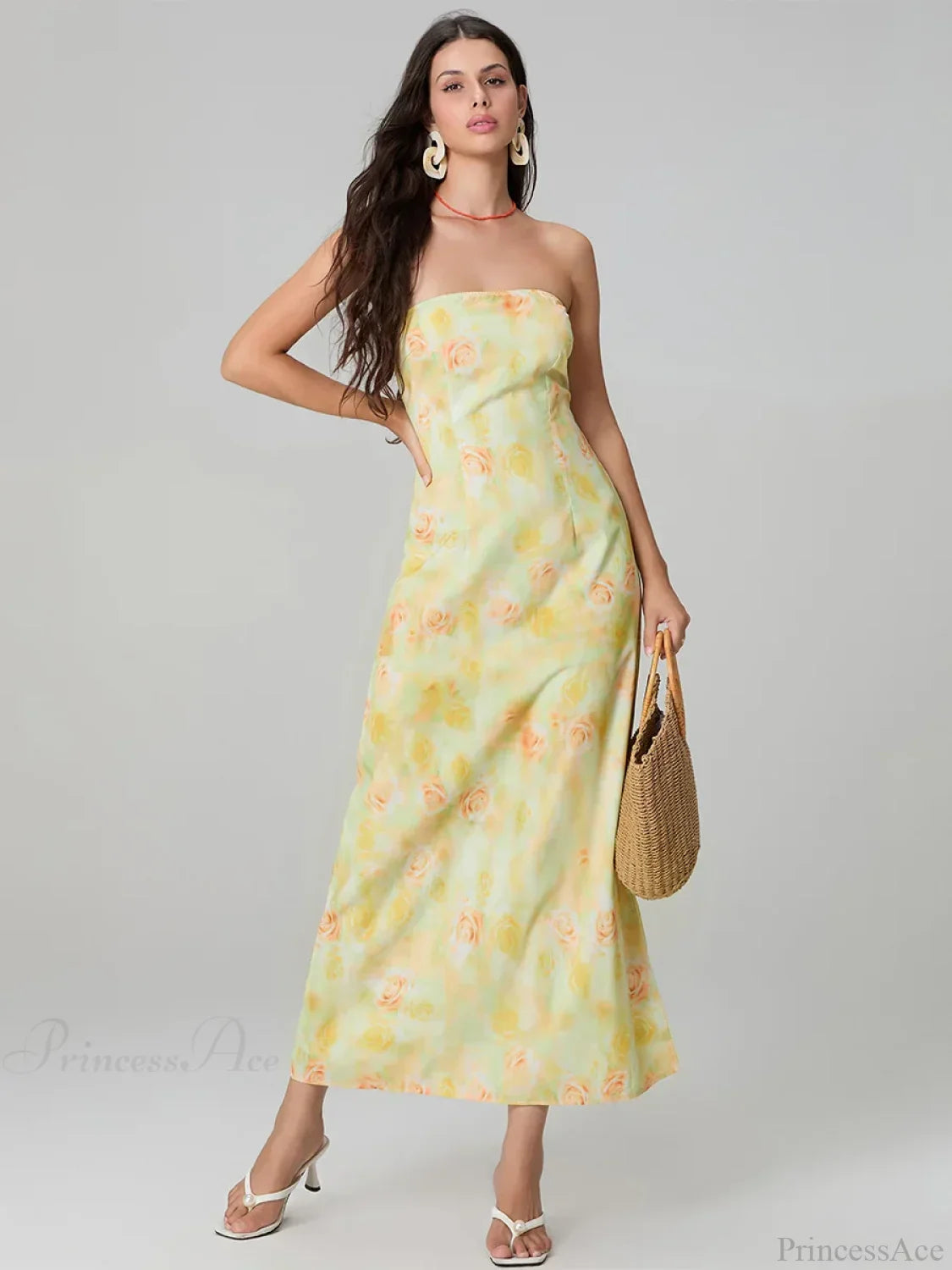 Elegant Floral Print Tube Backless Off-Shoulder Evening Gown Party Dress