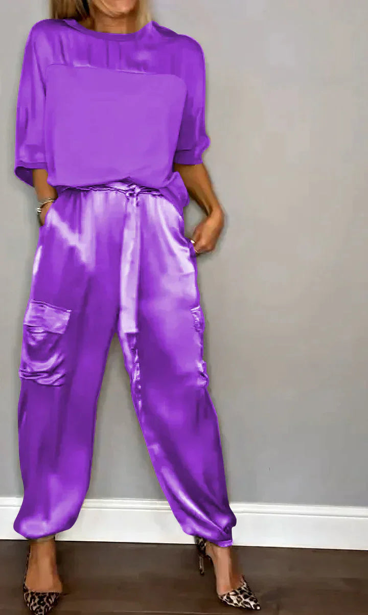 Amalia® | Women'S Two-Piece Plain Satin Top And Midi Pants Suit